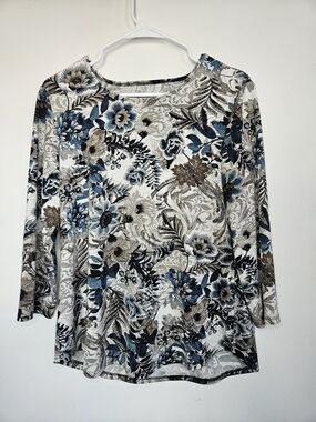 Floral Paisley 3/4 Sleeve Top Blue Brown Cream Casual Blouse Women's🔥